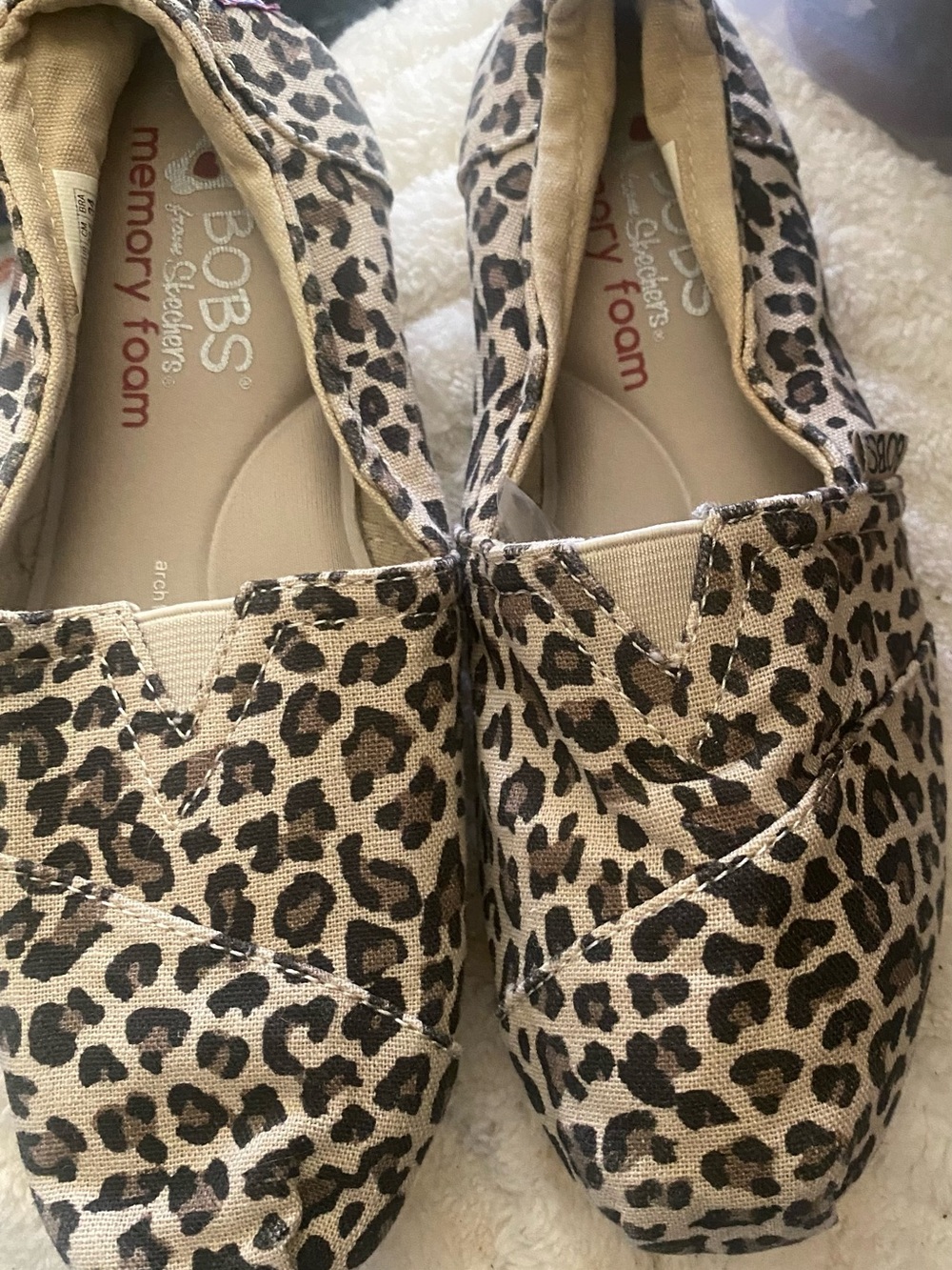 BOBS from Skechers Leopard Print Slip-On Flats in Tan and Black with Memory Foam